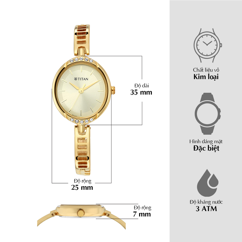 Đồng hồ Nữ TITAN dây kim loại Gold Dial Analog Watch mặt màu Vàng 25 mm - 2637YM01