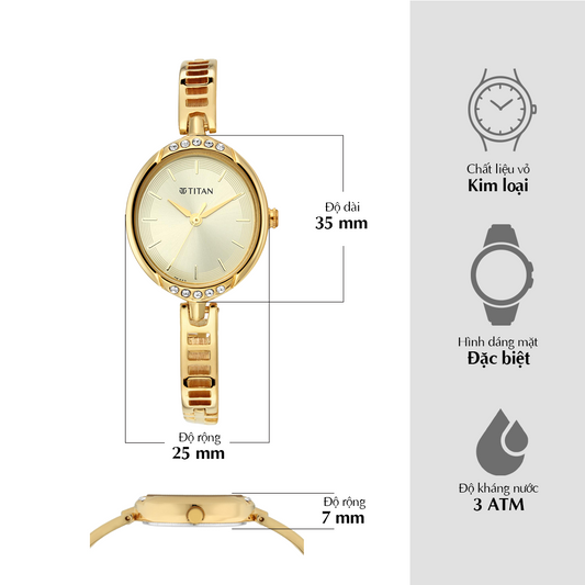 Đồng hồ Nữ TITAN dây kim loại Gold Dial Analog Watch mặt màu Vàng 25 mm - 2637YM01