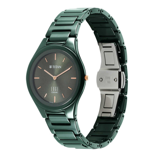 Titan Edge Ceramic Quartz Analog Green Dial Ceramic Strap Watch for Women