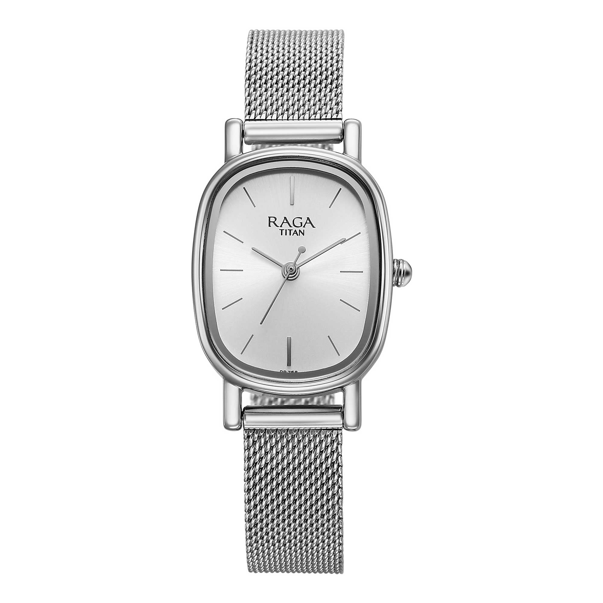 Titan Raga Silver Oval Dial Stainless Steel Analog Watch for Women