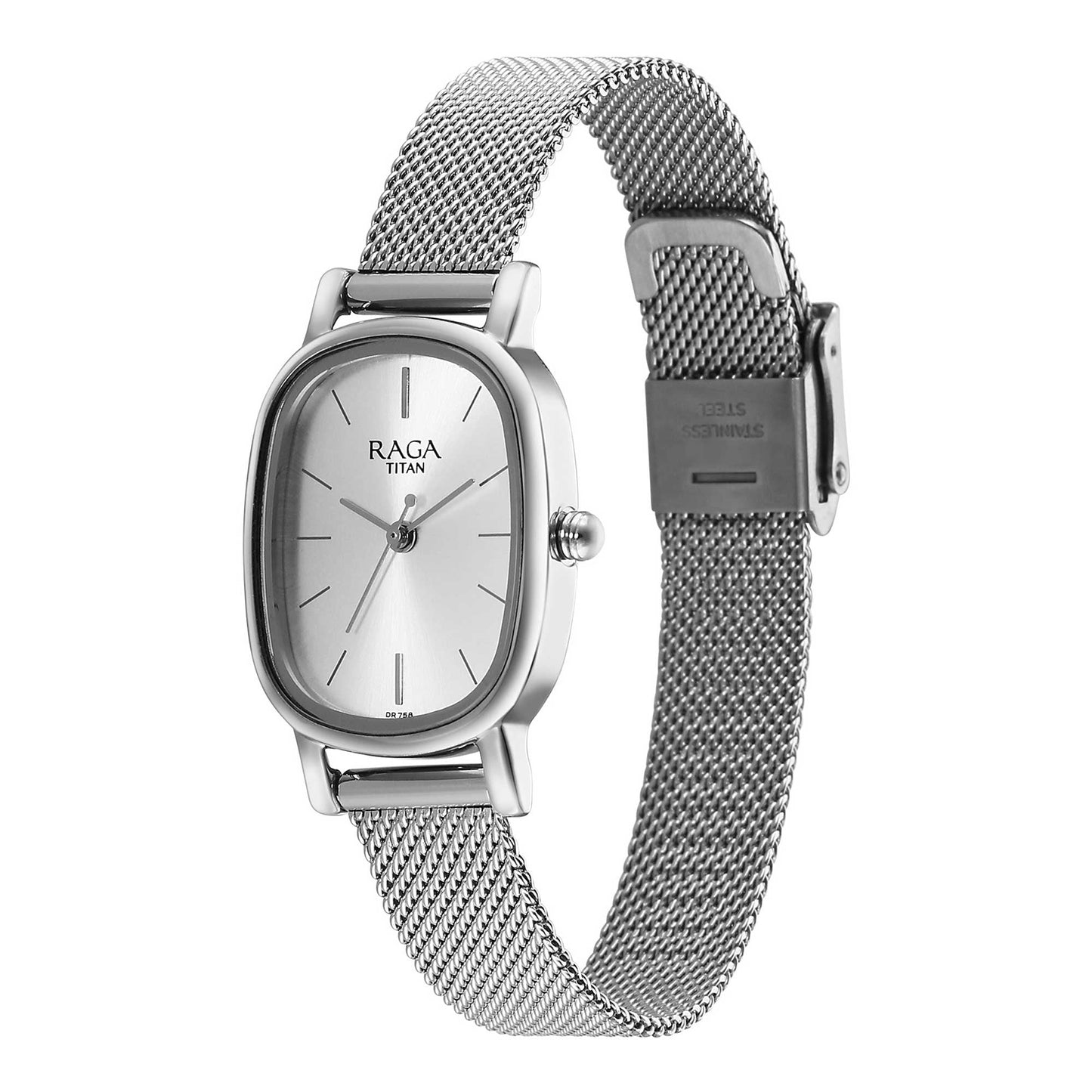 Titan Raga Silver Oval Dial Stainless Steel Analog Watch for Women