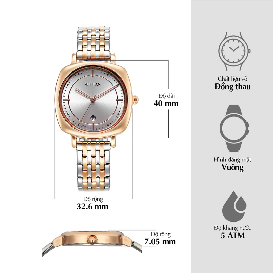 Đồng hồ Nữ TITAN dây thép không gỉ IBD Shaped Cases mặt màu Bạc 40 mm - 2730KM01