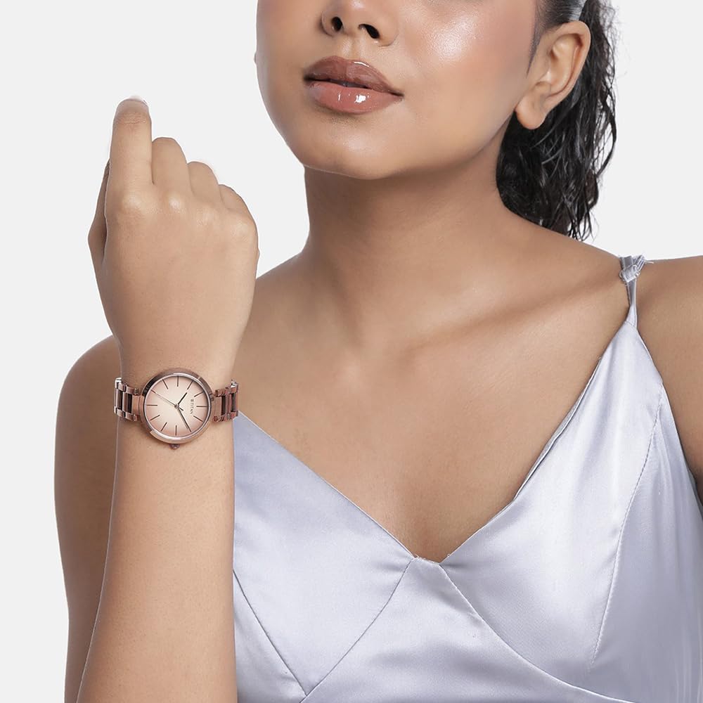 Titan Fashion Brown Dial Stainless Steel Analog Watch for Women