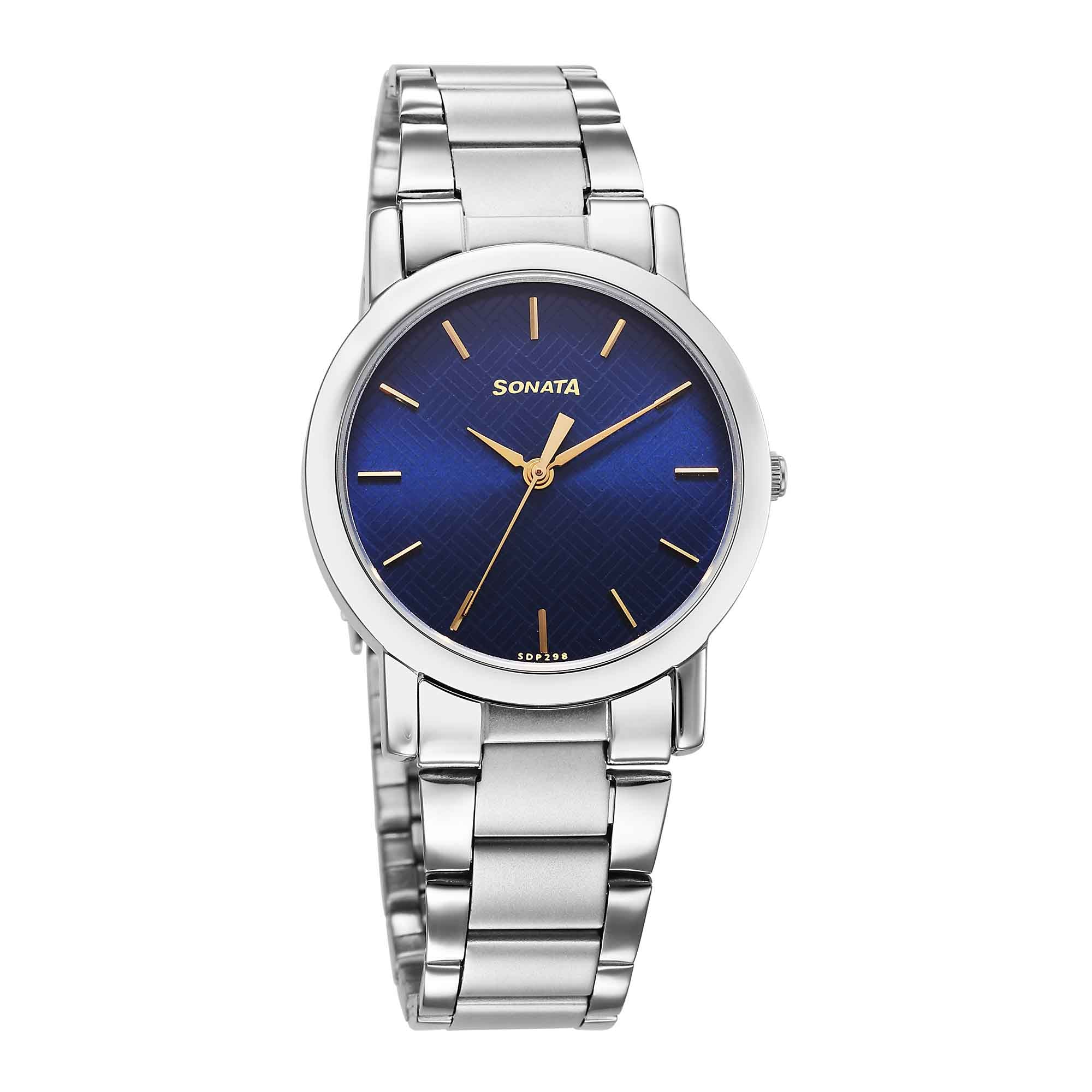 Sonata Classic Quartz Analog Blue Dial Silver Stainless Steel Strap Watch for Men