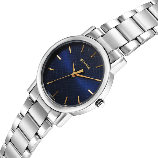 Sonata Classic Quartz Analog Blue Dial Silver Stainless Steel Strap Watch for Men