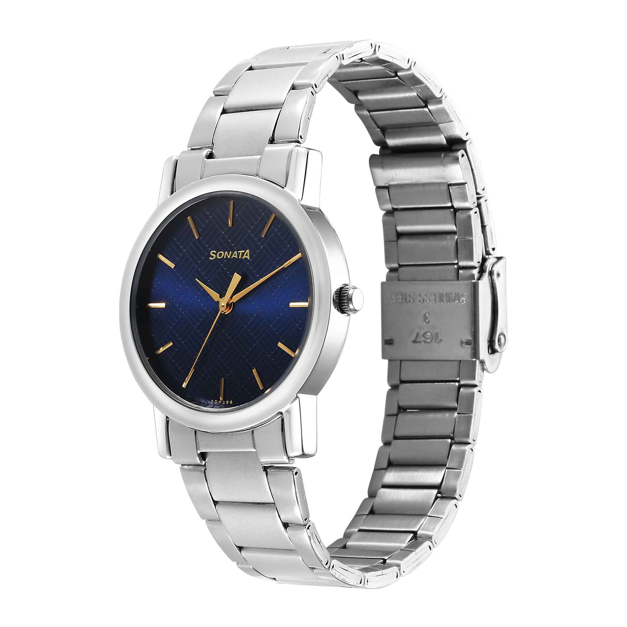 Sonata Classic Quartz Analog Blue Dial Silver Stainless Steel Strap Watch for Men