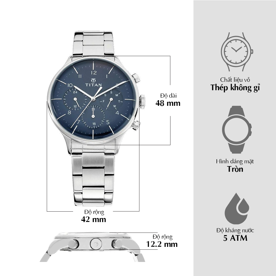Đồng hồ Nam TITAN dây kim loại Titan Neo Blue Dial Multifunction Watch for Men màu Xanh 43 mm - 1734KM01