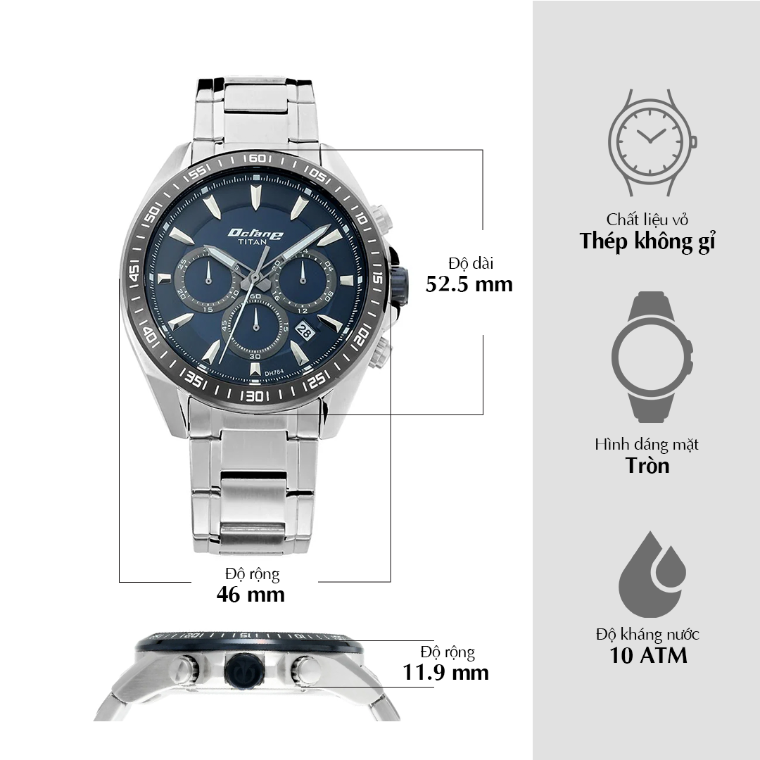 Đồng hồ Nam TITAN dây thép không gỉ Octane Active màu Xanh 46 mm - 90103KM02