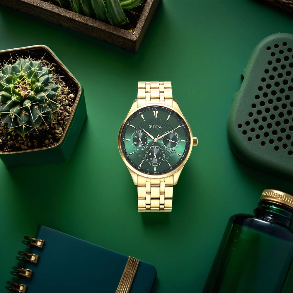 Đồng hồ Nam TITAN dây thép không gỉ Opulent III màu Xanh Lá 42 mm - 90127YM05