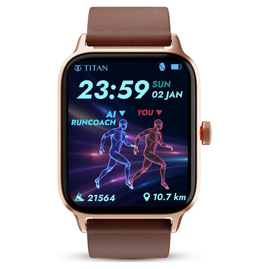Titan Traveller với màn hình AMOLED 4,52 cm, BT Calling, đồng hồ thông minh FitVerse đầu tiên của Ấn Độ có dây đeo bằng da màu nâu