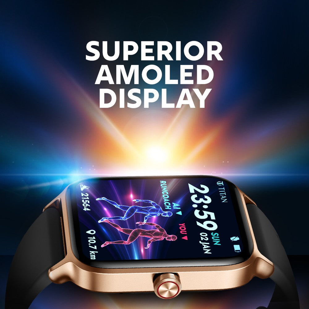 Titan Traveller với màn hình AMOLED 4,52 cm, BT Calling, đồng hồ thông minh FitVerse đầu tiên của Ấn Độ có dây đeo bằng da màu đỏ rượu vang