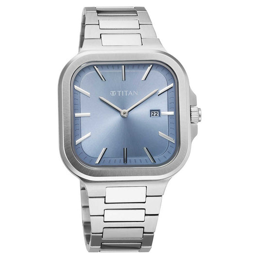 Titan Classique Slim Square Quartz Analog with Date Blue Dial Stainless Steel Strap Watch for Men-90176SM01