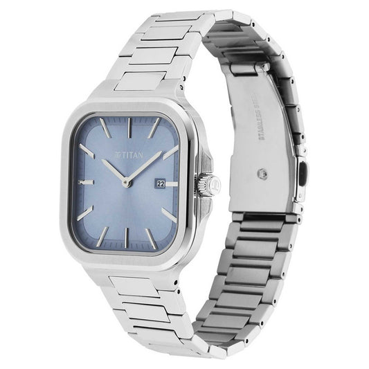Titan Classique Slim Square Quartz Analog with Date Blue Dial Stainless Steel Strap Watch for Men-90176SM01