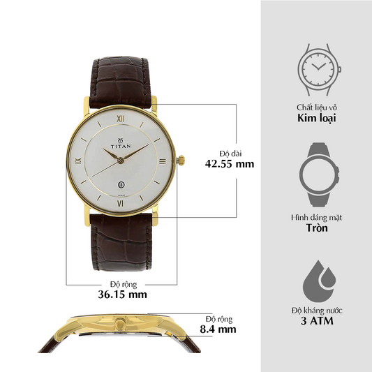 Đồng hồ Nam TITAN dây da White Dial Leather Strap Watch mặt màu Trắng 36 mm - 9162YL01