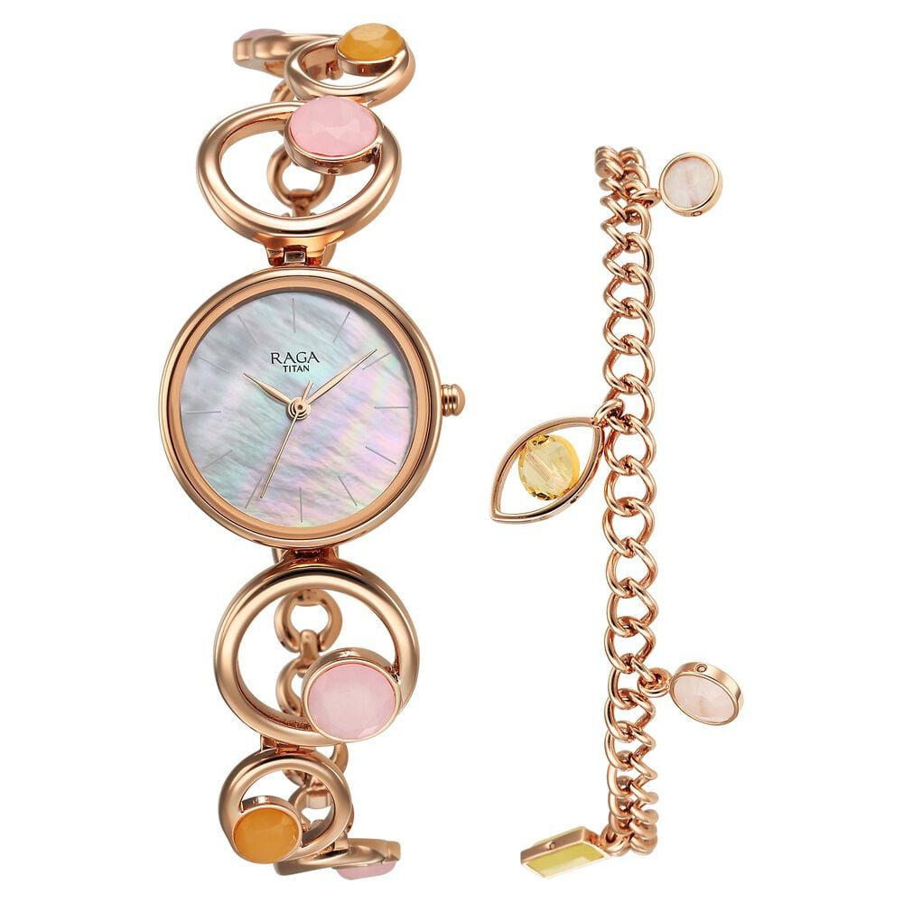 Titan Raga New You Quartz Analog Mother Of Pearl Citrine and Rose Quartz stones Strap for Women 95194WM01