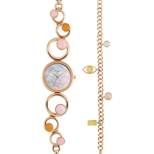 Titan Raga New You Quartz Analog Mother Of Pearl Citrine and Rose Quartz stones Strap for Women 95194WM01