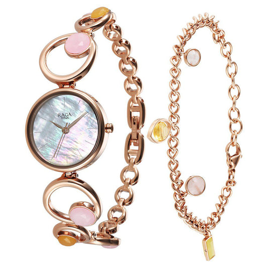Titan Raga New You Quartz Analog Mother Of Pearl Citrine and Rose Quartz stones Strap for Women 95194WM01