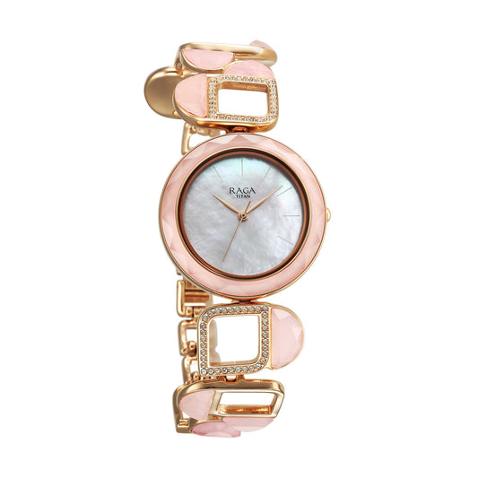 Titan Raga New You Quartz Analog Mother Of Pearl Dial Rose Quartz stone Strap Watch for Women