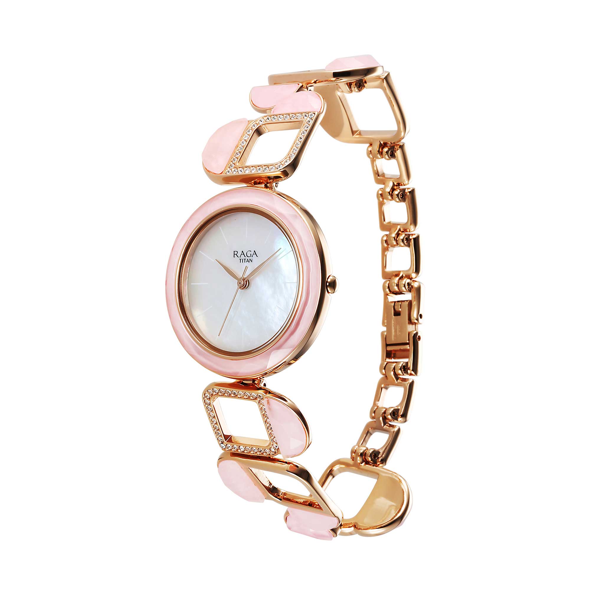 Đồng hồ Titan Raga New You Quartz Analog mặt số xà cừ thạch anh hồng dây đeo bằng đá cho phụ nữ