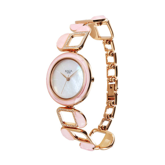 Titan Raga New You Quartz Analog Mother Of Pearl Dial Rose Quartz stone Strap Watch for Women