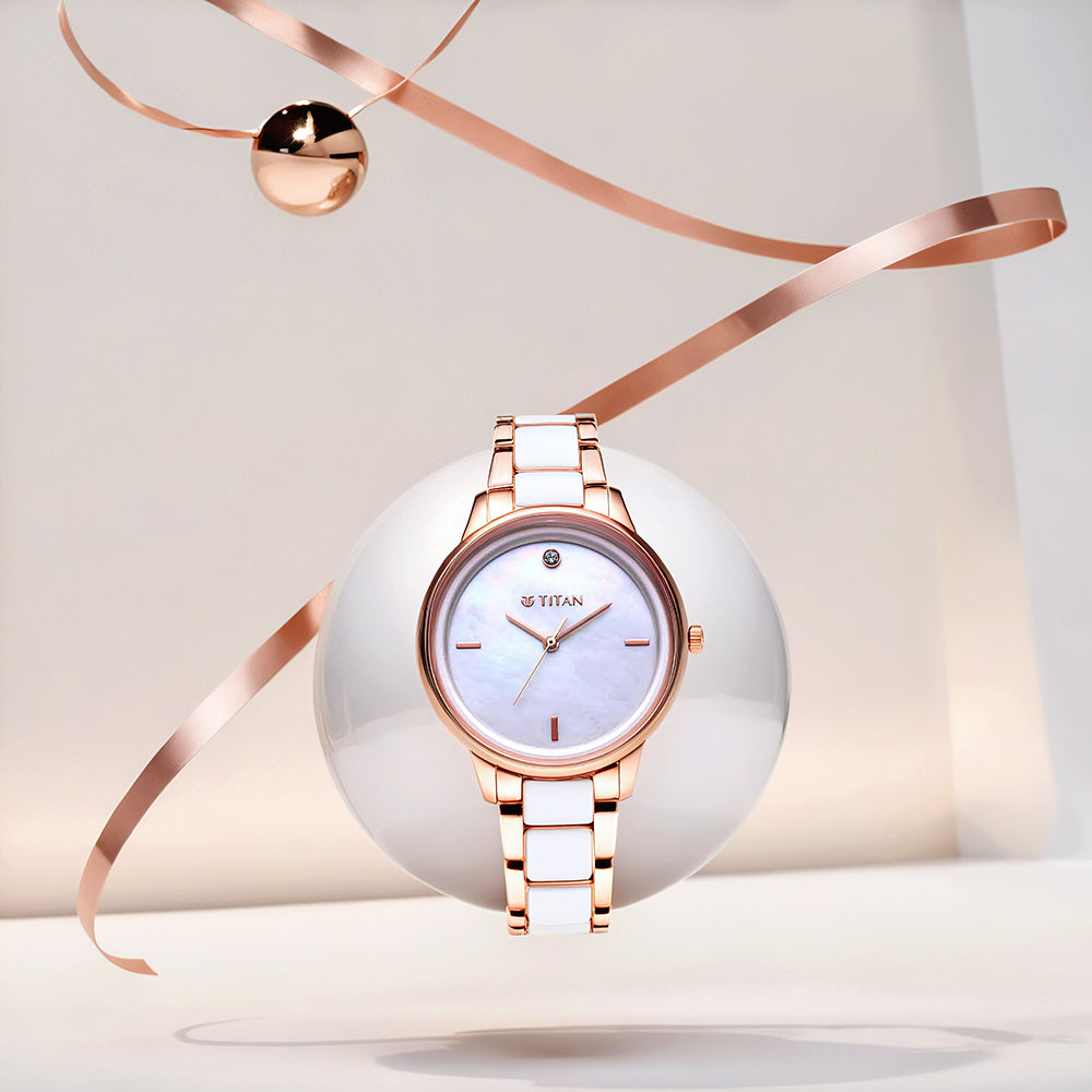 Đồng hồ Titan Purple Ceramics MOP Dial Analog dây đeo bằng thép và gốm dành cho nữ