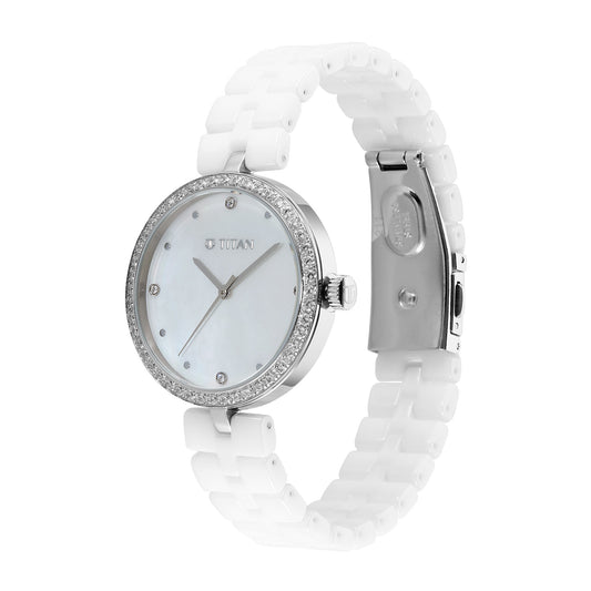 Titan Purple Ceramics Quartz Analog Mother of Pearl Dial White Ceramic Strap Watch For Women