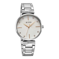 Titan Purple Style Up Quartz Analog Mother Of Pearl Dial Stainless Steel Strap Watch for Women