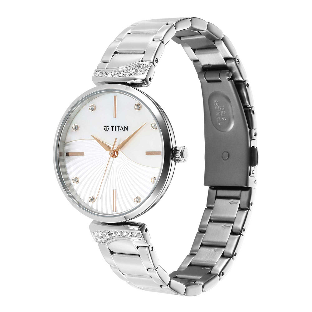 Titan Purple Style Up Quartz Analog Mother Of Pearl Dial Stainless Steel Strap Watch for Women