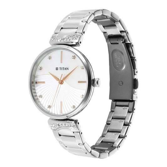 Titan Purple Style Up Quartz Analog Mother Of Pearl Dial Stainless Steel Strap Watch for Women