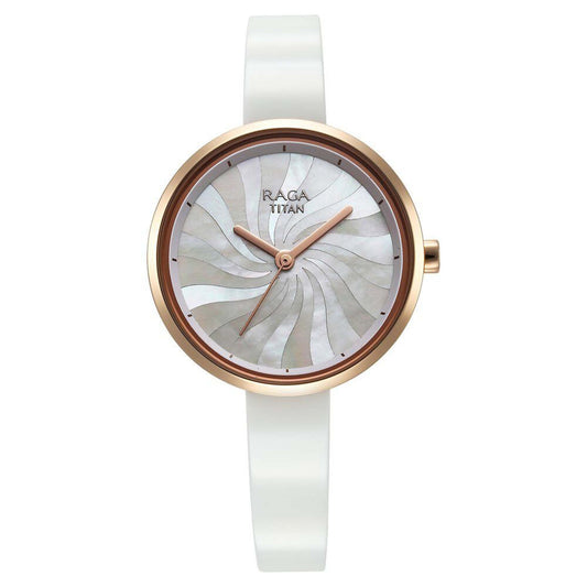 Titan Raga Memoirs Quartz Analog Mother Of Pearl Dial With White Ceramic Strap Watch For Women 95253KD01