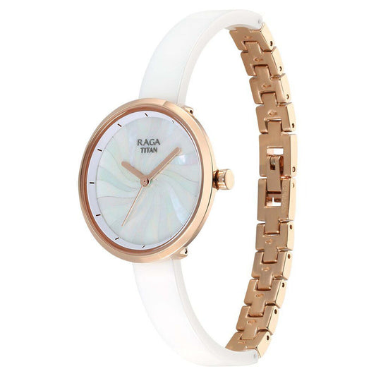 Titan Raga Memoirs Quartz Analog Mother Of Pearl Dial With White Ceramic Strap Watch For Women 95253KD01
