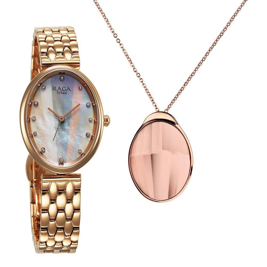 Đồng hồ Nữ TITAN Titan Raga Memoirs Quartz Analog Mother Of Pearl Dial With Rose Gold Metal Strap Watch For Women dây thép không gỉ mặt màu ngọc trai - 95258WM01
