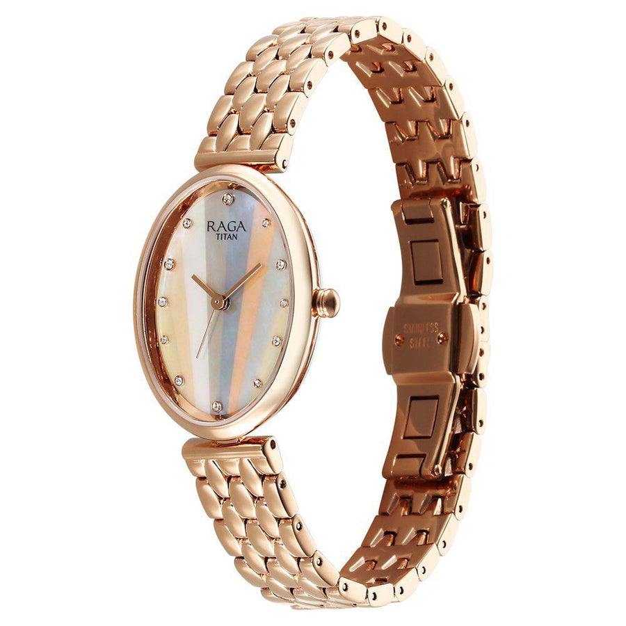 Đồng hồ Nữ TITAN Titan Raga Memoirs Quartz Analog Mother Of Pearl Dial With Rose Gold Metal Strap Watch For Women dây thép không gỉ mặt màu ngọc trai - 95258WM01