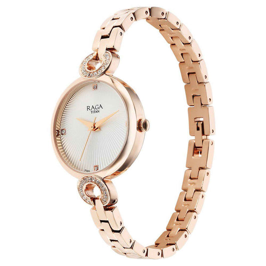 Đồng hồ Nữ TITAN Titan Raga Showstopper Quartz Analog White Dial Metal Strap Watch for Women dây thép không gỉ mặt màu trắng - 95278WM01