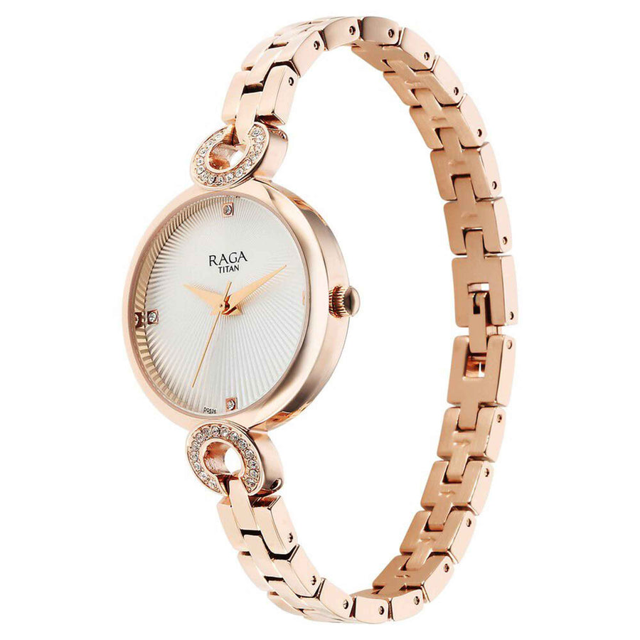 Đồng hồ Nữ TITAN Titan Raga Showstopper Quartz Analog White Dial Metal Strap Watch for Women dây thép không gỉ mặt màu trắng - 95278WM01