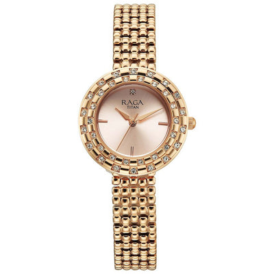 Titan Raga Showstopper Quartz Analog Rose Gold Dial Metal Strap Watch For Women 95350WM01