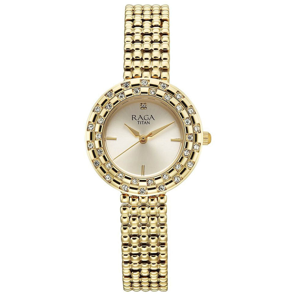 Titan Raga Showstopper Champagne Rectangular Dial Golden Metal Strap Analog Quartz Watch for Women 95350YM01