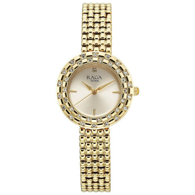 Titan Raga Showstopper Champagne Rectangular Dial Golden Metal Strap Analog Quartz Watch for Women 95350YM01
