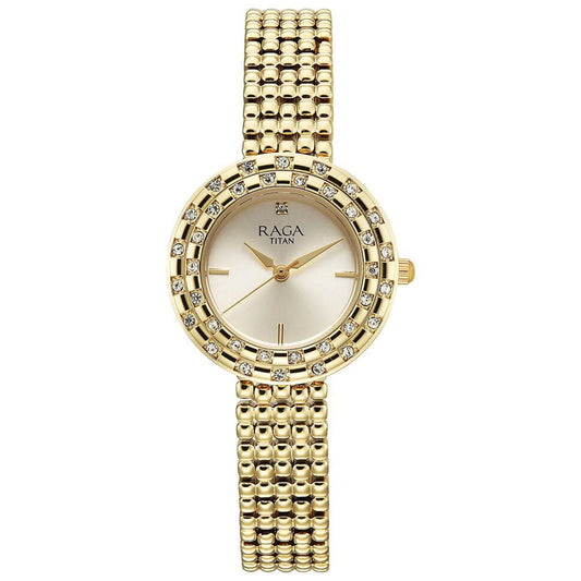 Titan Raga Champagne Rectangular Dial Golden Metal Strap Analog Quartz Watch for Women