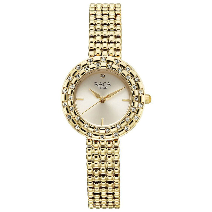 Titan Raga Showstopper Champagne Rectangular Dial Golden Metal Strap Analog Quartz Watch for Women 95350YM01