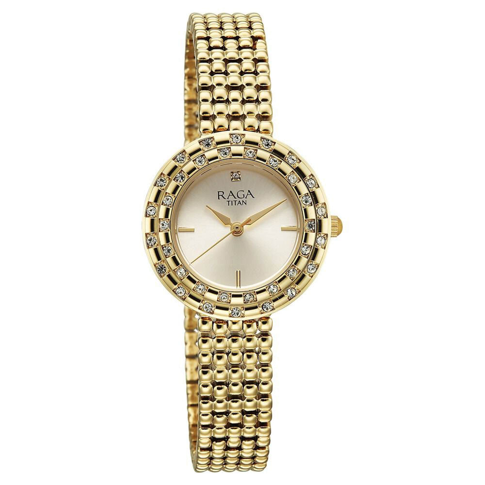 Titan Raga Showstopper Champagne Rectangular Dial Golden Metal Strap Analog Quartz Watch for Women 95350YM01