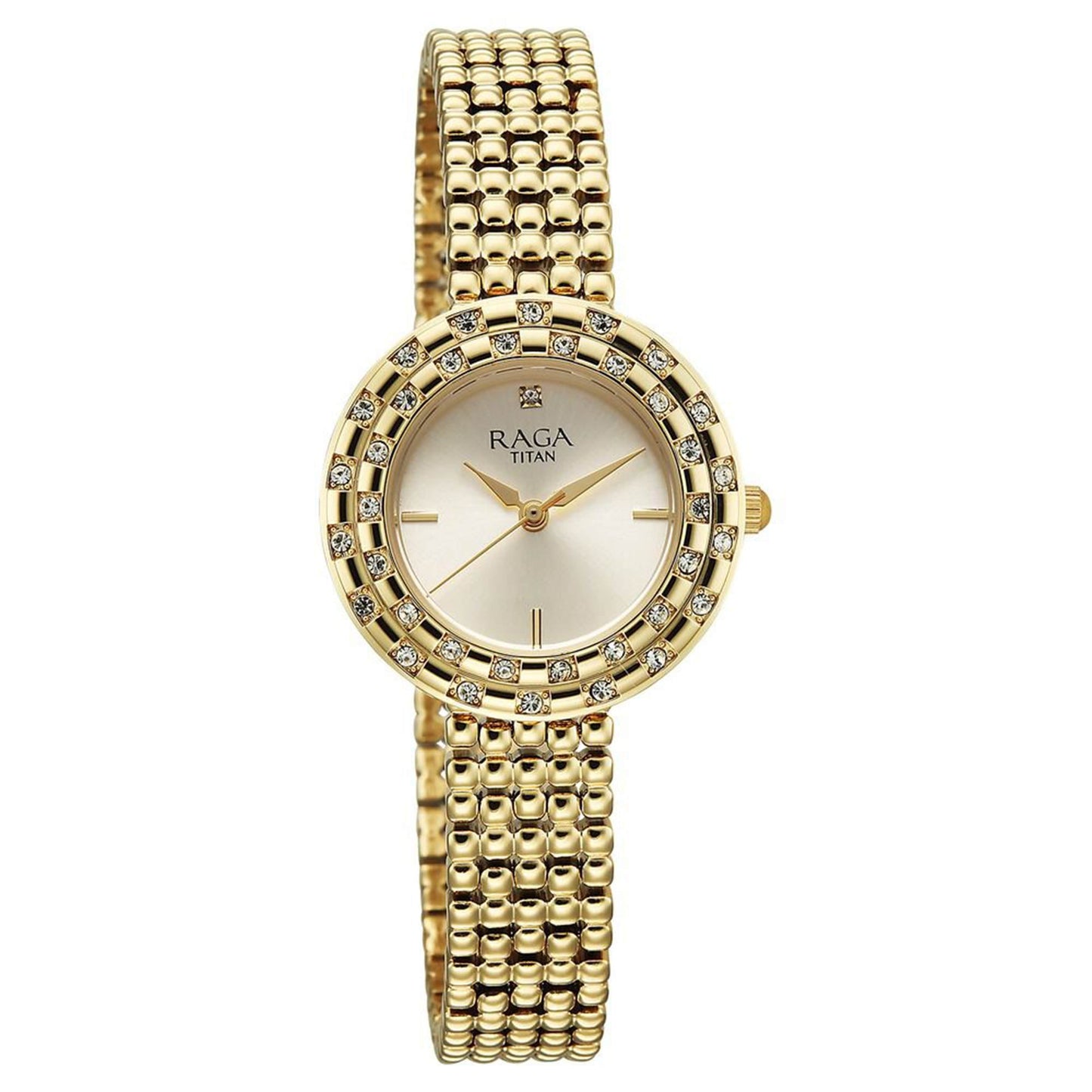Titan Raga Champagne Rectangular Dial Golden Metal Strap Analog Quartz Watch for Women