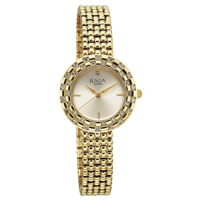 Titan Raga Showstopper Champagne Rectangular Dial Golden Metal Strap Analog Quartz Watch for Women 95350YM01
