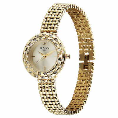 Titan Raga Showstopper Champagne Rectangular Dial Golden Metal Strap Analog Quartz Watch for Women 95350YM01