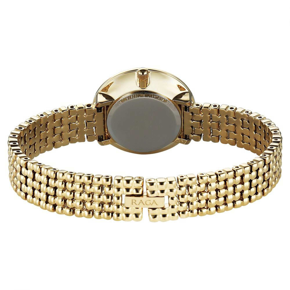 Titan Raga Showstopper Champagne Rectangular Dial Golden Metal Strap Analog Quartz Watch for Women 95350YM01